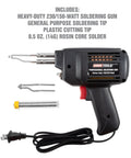 Fast Heat Soldering Gun Kit With Case And Rosin Core Solder, 2 Tips, 55 Inch Cord next to case and components, delivers 1400 degrees