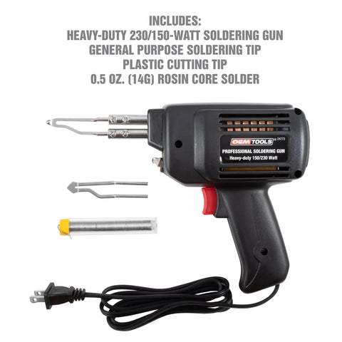 Fast Heat Soldering Gun Kit With Case And Rosin Core Solder, 2 Tips, 55 Inch Cord next to case and components, delivers 1400 degrees