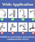 Chart of faucet types showing compatibility with the 1080 Degree Swivel Robotic Arm Faucet Aerator Extension Attachment.