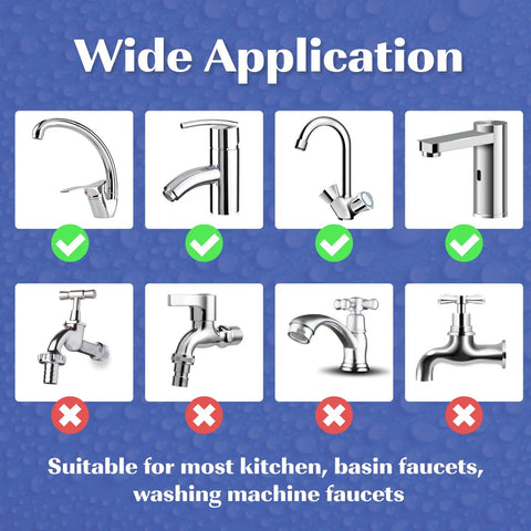 Wide application of 1080 Degree Swivel Faucet Extender With Robotic Arm Aerator for various faucet types highlighted by check marks
