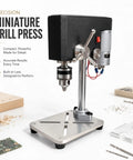 Mydymx Benchtop Mini Drill Press Multi Function Milling Tool Adjustable Precision Workshop Machine For Wood Metal And Plastic Diy Crafts Stable Platform with silver base and black top.