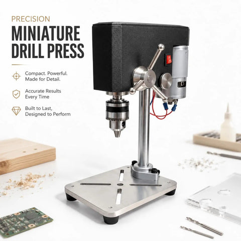 Mydymx Benchtop Mini Drill Press Multi Function Milling Tool Adjustable Precision Workshop Machine For Wood Metal And Plastic Diy Crafts Stable Platform with silver base and black top.
