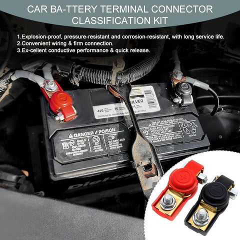 Universal Car Battery Terminal Connector Kit for Positive and Negative Posts shown installed on car battery