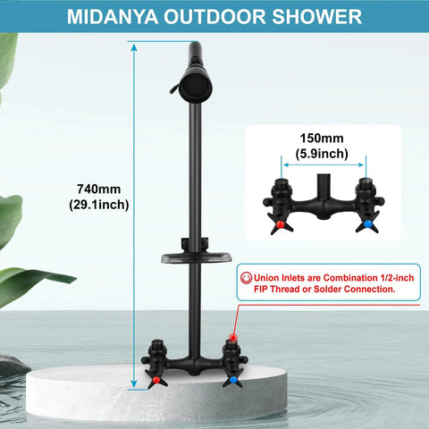 Matte Black Outdoor Shower System For Poolside Use, Wall Mounted With Brass Mixer Valve And Dual Cross Handles, Adjustable Shower Head, Exposed Fixtures, Soap Dish, Heavy Duty Outdoor Bathroom Upgrade Built To Last