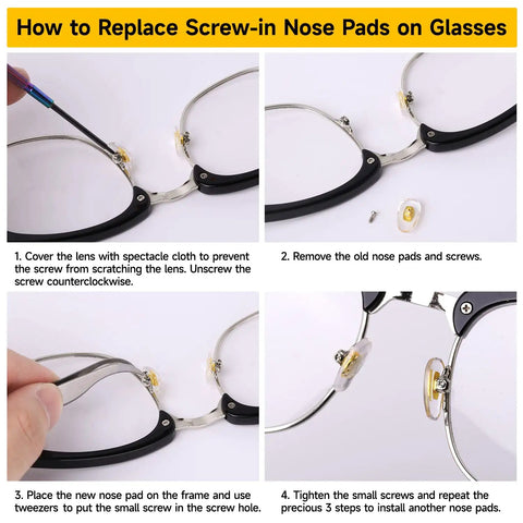 How to replace nose pads on glasses using Top Tier Eyeglass Repair Kit Including 24 Pairs Of Replaceable Nose Pads, Magnetic Screwdrivers, Micro Screws And Curved Tweezers For Fast Specs Repairs, Sick Travel Essential.
