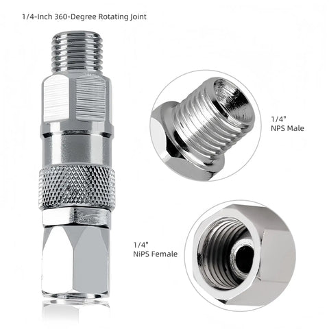 One Quarter Inch 360 Degree Spray Gun Swivel Joint Built Tough Stainless Steel For Airless Sprayers, 2-Pack, Corrosion Resistant 304 Stainless Steel Swivel Connector For Paint Sprayer Hose And High-Pressure Lines. 1/4" NPS male-female joint
