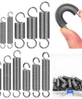36-piece stainless steel extension springs with opening hooks in 12 sizes, stored in a clear plastic case.
