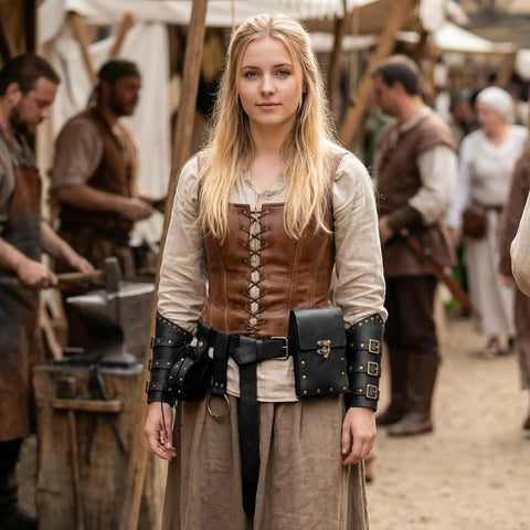 Person in a medieval setting wearing Badass Renaissance Belt Pouch Set With Detachable Corset Strap Soft Leather Bracers.