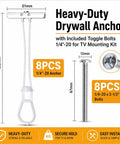 Heavy Duty Toggle Anchors With Bolts For Drywall Rock Solid Wall Mount Kit, 8PCS anchors and bolts for secure mounting.
