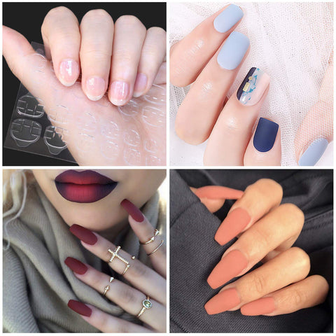 Pro DIY Nail Kit With 288 Double Sided Adhesive Nail Tabs 12 Sheets Waterproof Breathable Transparent Jelly Stickers Built For Reusable False Nails And Flawless At Home Manicures, showcasing various manicure styles on hands.