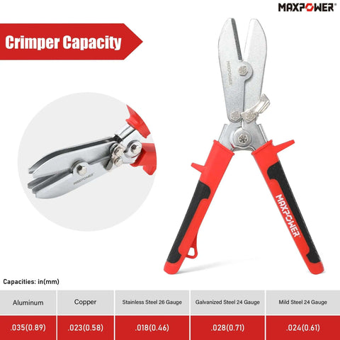 5-Blade Sheet Metal Crimper Hand Tool For Ductwork And Stove Pipe displayed, red handles, suitable for 24 and 26 gauge metals.