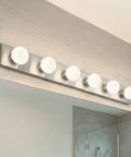 Top Shelf 36 Inch Bathroom Vanity Light Fixture With Brushed Nickel Finish Offering Straight Up Easy Installation And Rock Solid Build Quality For 6 Light Damp Rated Rooms, featuring six G25 bulbs.