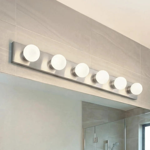 Top Shelf 36 Inch Bathroom Vanity Light Fixture With Brushed Nickel Finish Offering Straight Up Easy Installation And Rock Solid Build Quality For 6 Light Damp Rated Rooms, featuring six G25 bulbs.