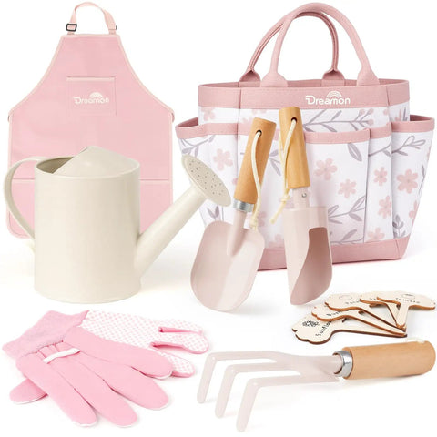 Kid Friendly Hands On Garden Tool Set For Toddlers With Pink Tote Bag Apron Gloves Shovel Rake Cultivator Watering Can And Flower Pots
