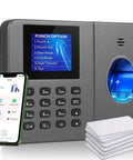 Boss Approved App Synced Fingerprint Time Clock with screen showing punch options and paired smartphone for easy tracking.