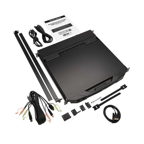 Slick Short Depth One U Rackmount Kvm Console With An 18 Point Five Inch Hd Lcd Screen and accessories including cables and manual.