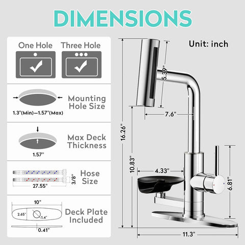 Dimensions of KAIYING Waterfall Kitchen Faucet with Pull Down Sprayer & Glass Rinser, showing size and mounting details.