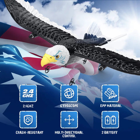 Remote Control Eagle Plane For Newbies And Kids 2.4GHz 2CH RC Airplane with 6 Axis Gyro Stabilization flying over flag