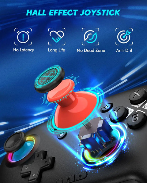 Enhanced Wireless Bluetooth Switch Controller with Hall Effect Joysticks and RGB lighting showcasing anti-drift technology.