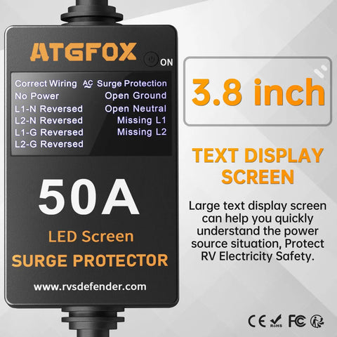 50 Amp RV Surge Protector With 6150 Joules, 3.8 Inch Display showing LED screen with text indicators for wiring and protection status.