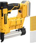 Close-up of Hardcore 18 Gauge Cordless Brad Nailer And Staple Gun Bundle With 2000 Nails For DeWalt 20V Max Batteries.