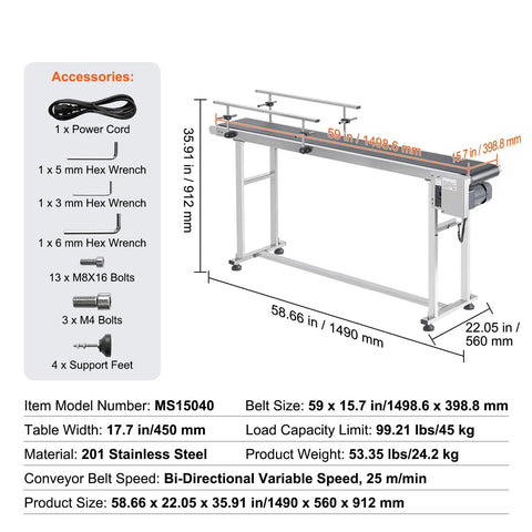 Built To Last Heavy Duty Motorized Belt Conveyor For Inkjet Coding Or Packaging Lines, 59 Inch By 15.7 Inch PVC Belt