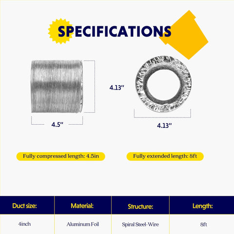 Two Pack 4 Inch By Eight Foot Non Insulated Flex Air Ducting Aluminum Dryer Vent Hose specifications, compressed and extended views