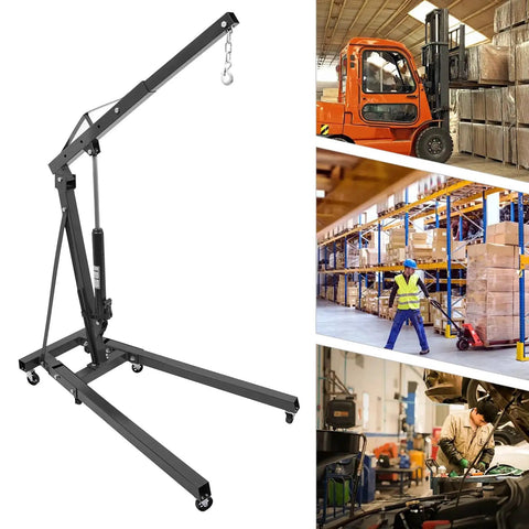 Tough As Nails Folding Engine Hoist With Hydraulic Motor Crane Lift, showing solid steel frame and smooth rollers for heavy lifting.