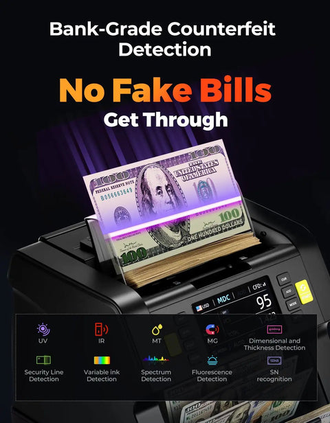Mixed Denomination Money Counter With Counterfeit Detection And Touch Screen For Business showing bank-grade detection features