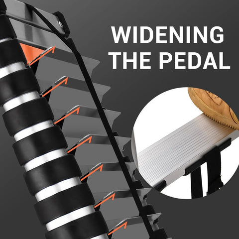 Close-up of Telescoping Aluminum Ladder 12.5 Foot Lightweight Extension Collapsible Ladder pedal widening feature with foot use