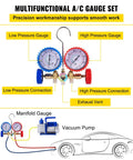 Multifunctional A/C gauge set with low and high pressure gauges and connections for Heavy Duty 4.8 CFM 1/3 HP Auto AC Vacuum Pump.
