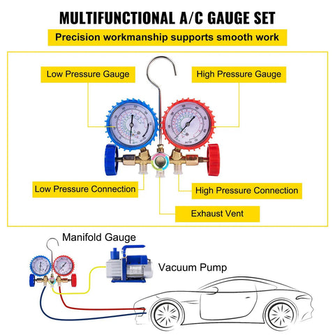 Multifunctional A/C gauge set with low and high pressure gauges and connections for Heavy Duty 4.8 CFM 1/3 HP Auto AC Vacuum Pump.