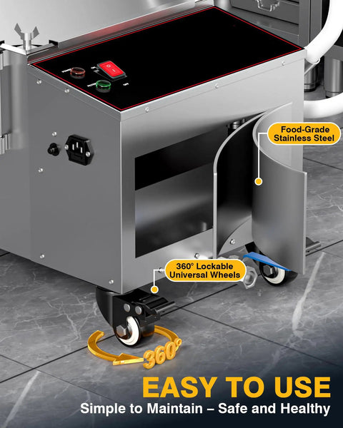Heavy Duty Commercial Fryer Oil Filter Machine That Goes Hard With No Nonsense Five Layer Filtration For Top Tier Kitchen Cleaning And Smooth Operations showing control panel and universal wheels.