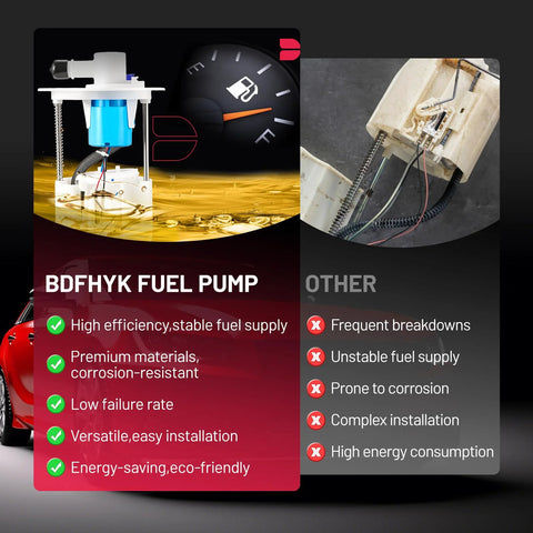 Infographic comparing BDFHYK fuel pump with other pumps, highlighting features of Fuel Pump Assembly E3781M Direct Fit For Toyota Matrix Corolla 2009 2013 And Pontiac Vibe 2005 2010 L4 1.8L 2.4L Replaces E8874M 7702002181 OE Style Replacement For Easy Install Reliable Fuel Delivery And Smooth Starts.
