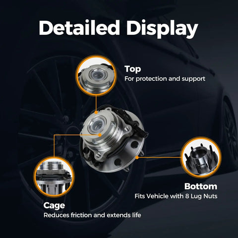 Detailed display of Front 4WD Wheel Bearing and Hub Assembly for 2000-2002 Ford Excursion and 1999-2004 Ford F-250 Super Duty and F-350 with ABS