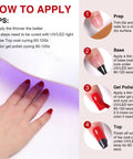 Step-by-step application of Six Piece 12ml Gel Nail Polish Set In Red, Wine Red, Light White, Gray, Blue, And Dark Blue.