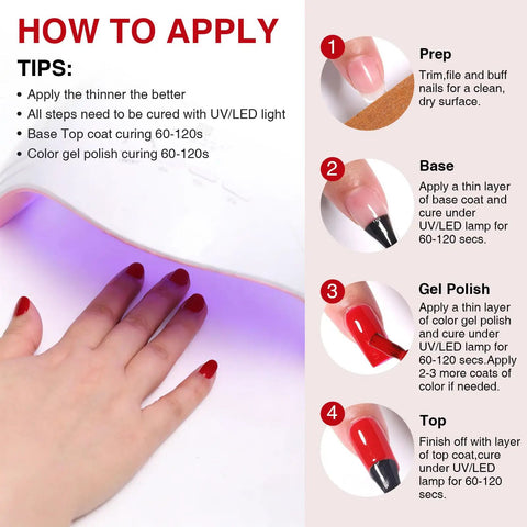 Step-by-step application of Six Piece 12ml Gel Nail Polish Set In Red, Wine Red, Light White, Gray, Blue, And Dark Blue.