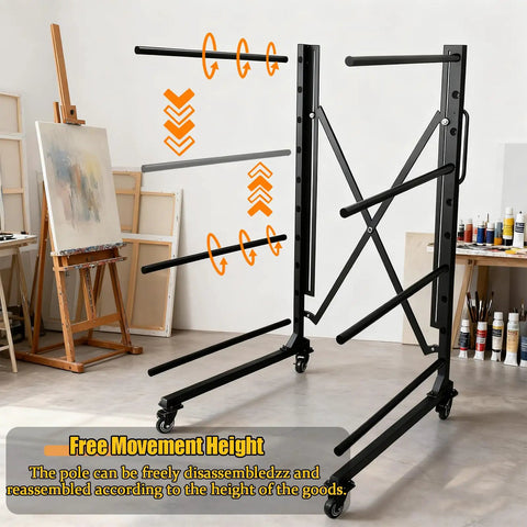 Knockout Heavy Duty Steel Paint Drying Rack With Smooth Rolling Caster Wheels For Cabinet Doors Drawer Panels And Wood Trim Sweet Vertical Organizer Setup In Charcoal Black, showcasing adjustable height features.