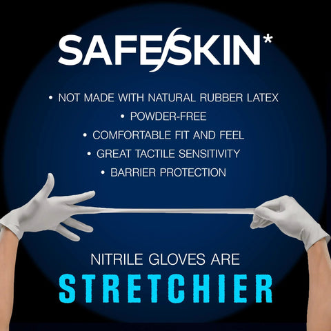 Safeskin nitrile exam gloves on a blue circular backdrop; powder-free, stretchier gloves