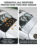 Heavy Duty Windshield Cover For Tesla Cybertruck 2024 Plus All Season Sun Shade And Debris Guard on windshield, showcasing black and silver sides, leaves and rain.