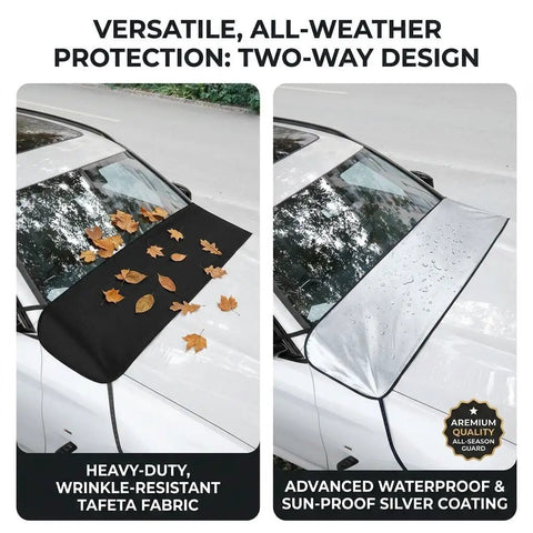 Heavy Duty Windshield Cover For Tesla Cybertruck 2024 Plus All Season Sun Shade And Debris Guard on windshield, showcasing black and silver sides, leaves and rain.