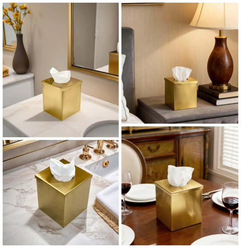 Gold Plated Tissue Box Cover Holder, Square Luxury Tissue Box Holder For Bathroom Vanity Office Bedroom Living Room set