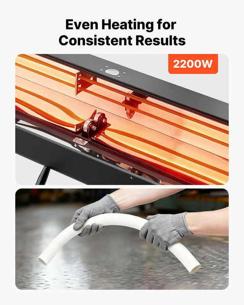 VEVOR Electric PVC Conduit Heater For 1/2 To 4 Inch Pipes With Rapid Even Heating Technology, 2200W heating element and curved PVC pipe.