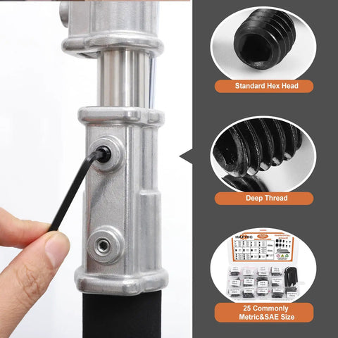 Hand using Hardworking 500 Piece Set Screw Kit With 25 Sizes Metric And SAE For Everyday Repairs Pro Grade 12.9 Alloy Steel Head