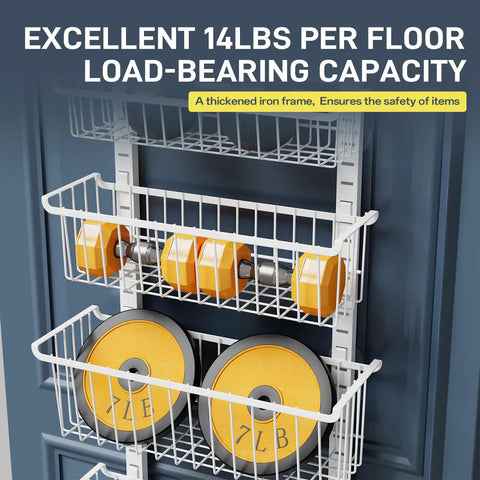 Over The Door Pantry Organizer Eight Tier With Adjustable Baskets Metal Hanging Spice Rack holding weights on a door