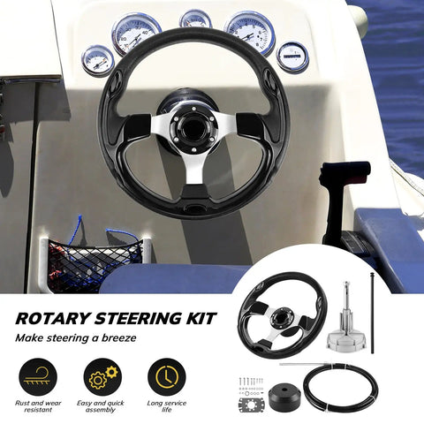 Outboard Steering Kit With A 10ft Steering Cable And Three Quarters Inch Standard Tapered Shaft, Boat Steering Control Cable For Yachts, Fishing Boats And Other Watercraft, Includes Steering Wheel And Durable Alloy Rudder Cable System