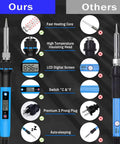 Comparison chart of the 80W 110V Soldering Iron Kit with fast heating core, LCD screen, and features against another less equipped soldering gun.