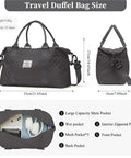Travel Duffel Bag For Women With Weekender Style, Carry On Friendly, showing measurements and compartments