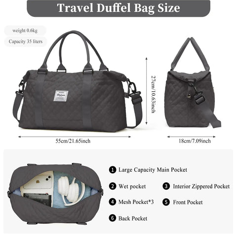 Travel Duffel Bag For Women With Weekender Style, Carry On Friendly, showing measurements and compartments