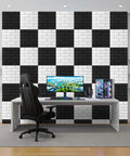 Top Shelf 18 Pack Sound Proof Acoustic Panels For Walls Self Adhesive High Density Noise Reducing Foam Tiles Flame Retardant Echo Absorber Game Changer For Home Studio Setup Clean Look White on black and white checkerboard wall.